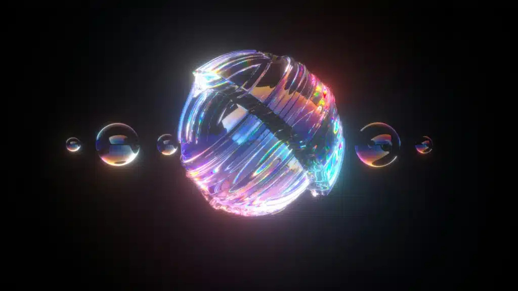 A central large, multicolored, abstract glass-like sphere surrounded by smaller reflective bubbles against a dark background.