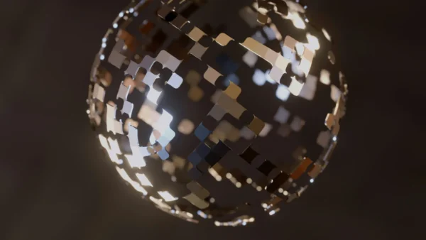 Una esfera digital suspendida compuesta de cuadrados metálicos.