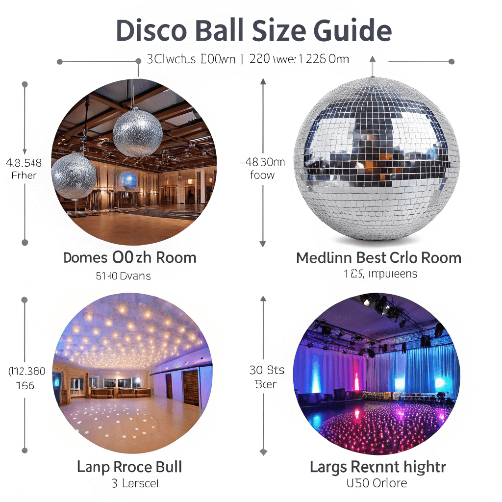 Disco ball size guide with various room setups