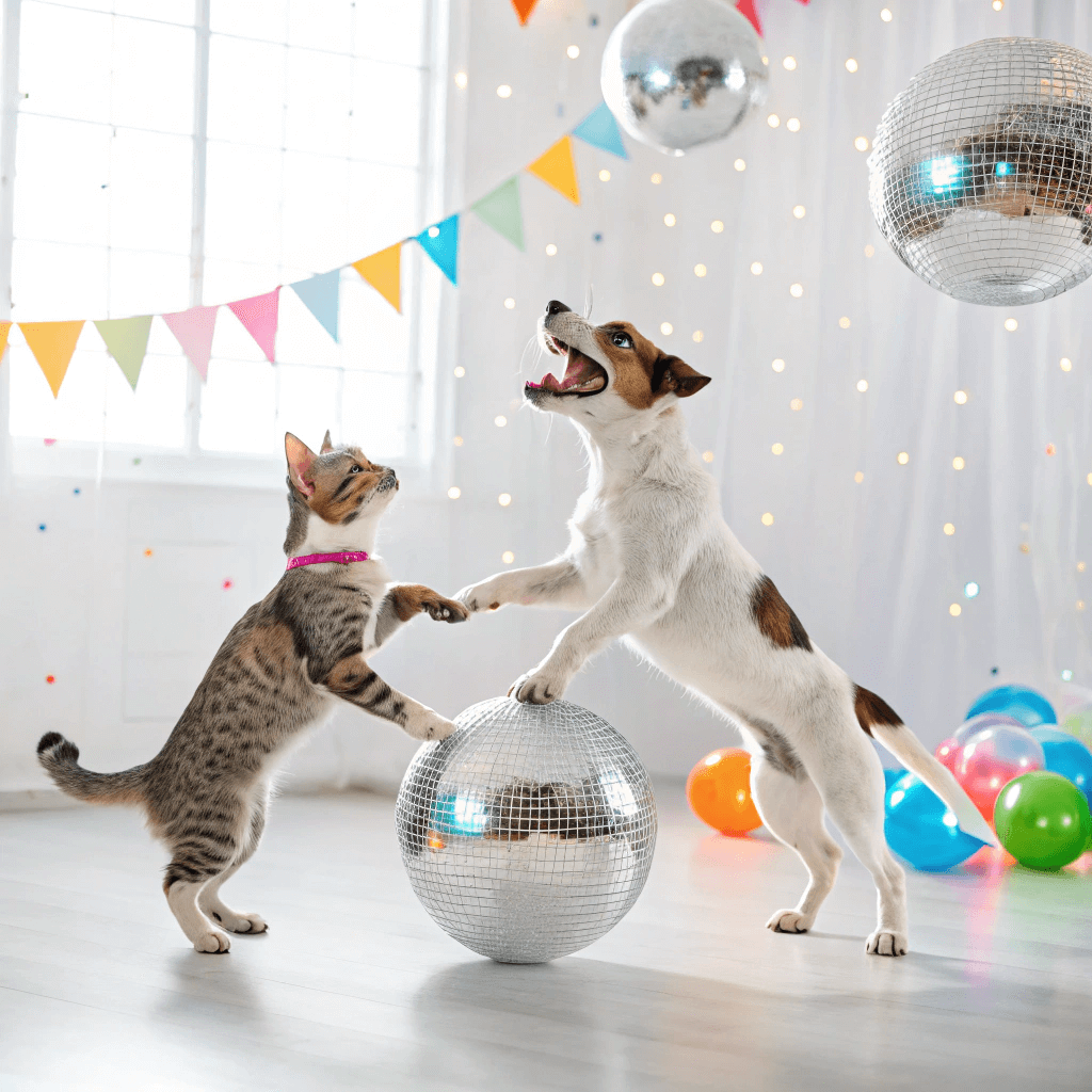Pets playing with disco balls