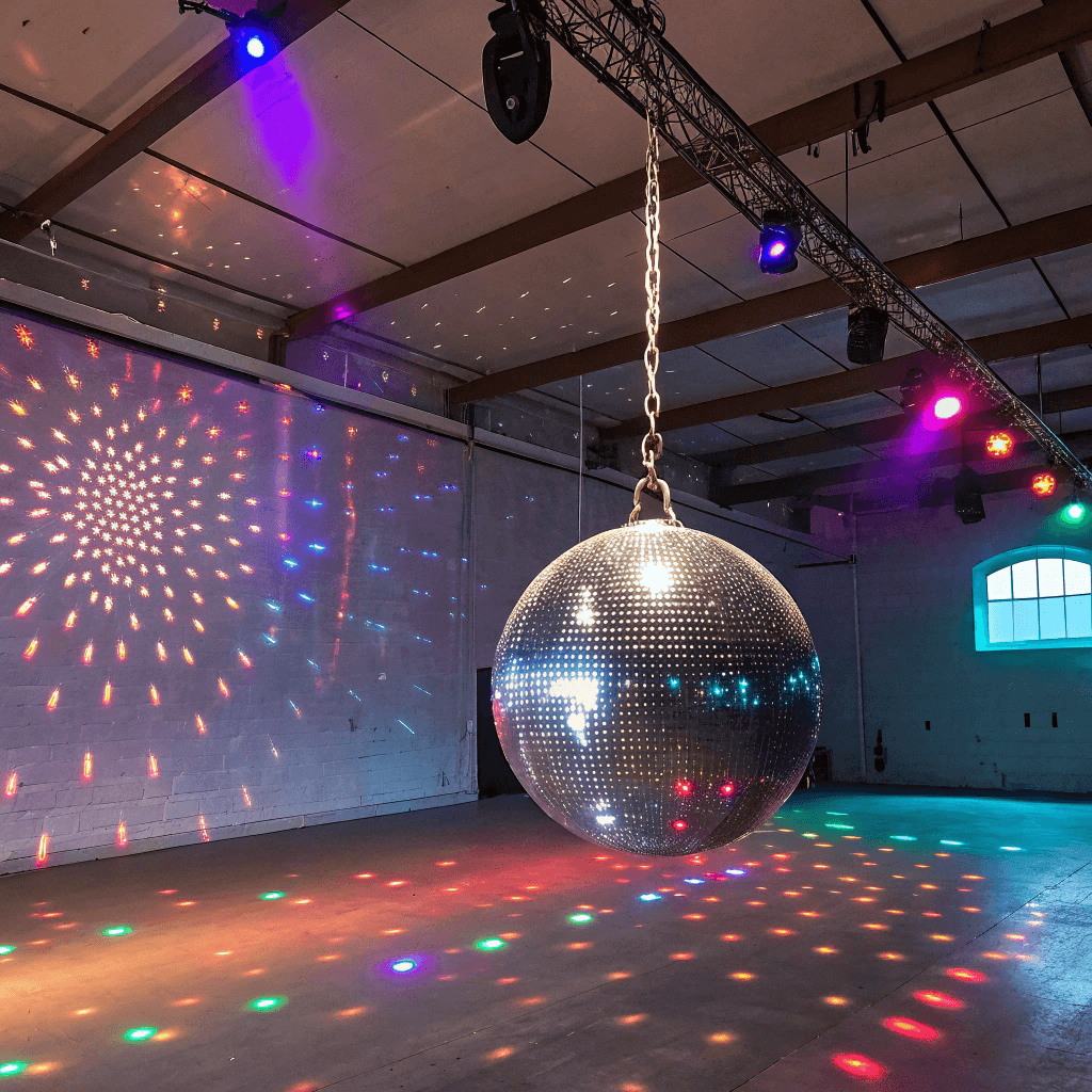 Hanging a disco ball setup with hooks and lights