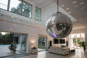 Bola de discoteca que crea fascinantes patrones de luz en el interior de una casa moderna