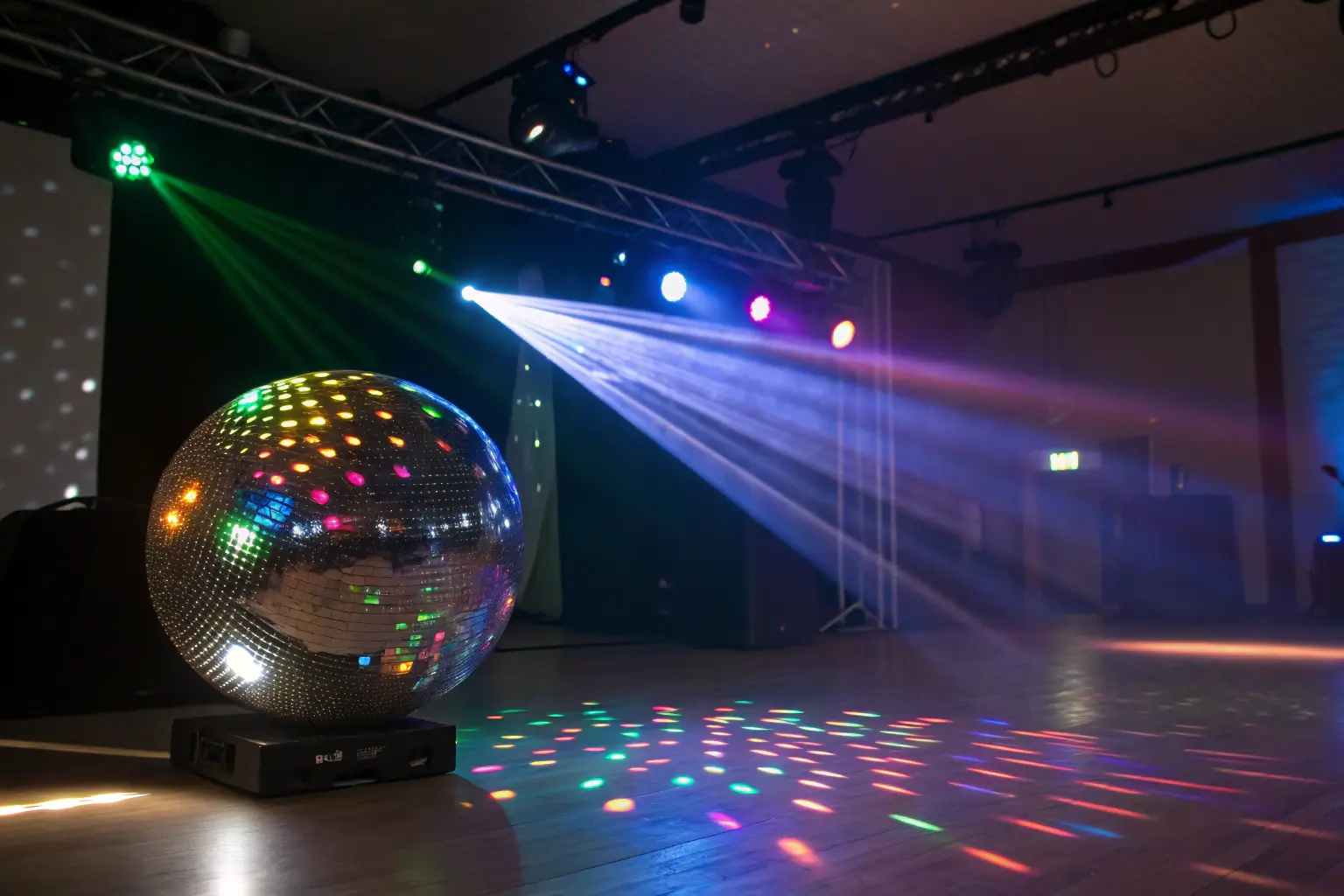 LED lights and spotlights illuminating disco ball
